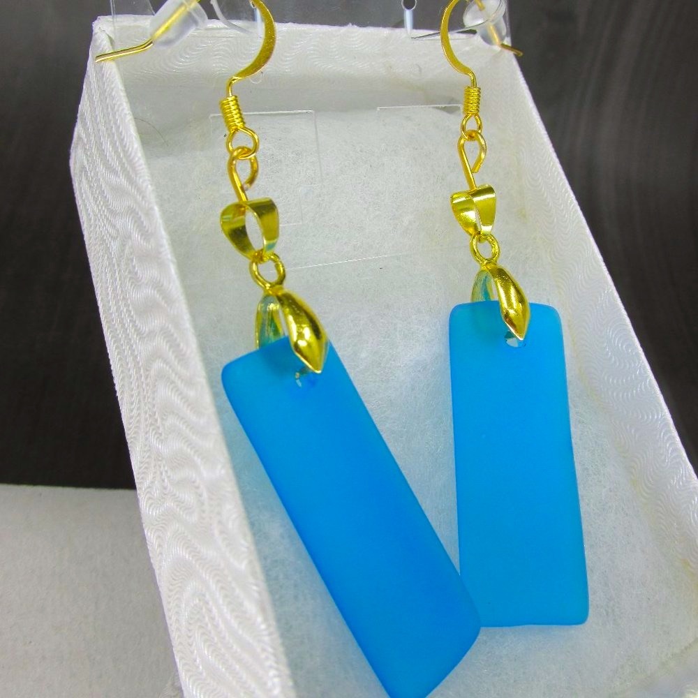 Gold Plated Electric Blue Frosty Glass Earrings - Picture 1 of 3